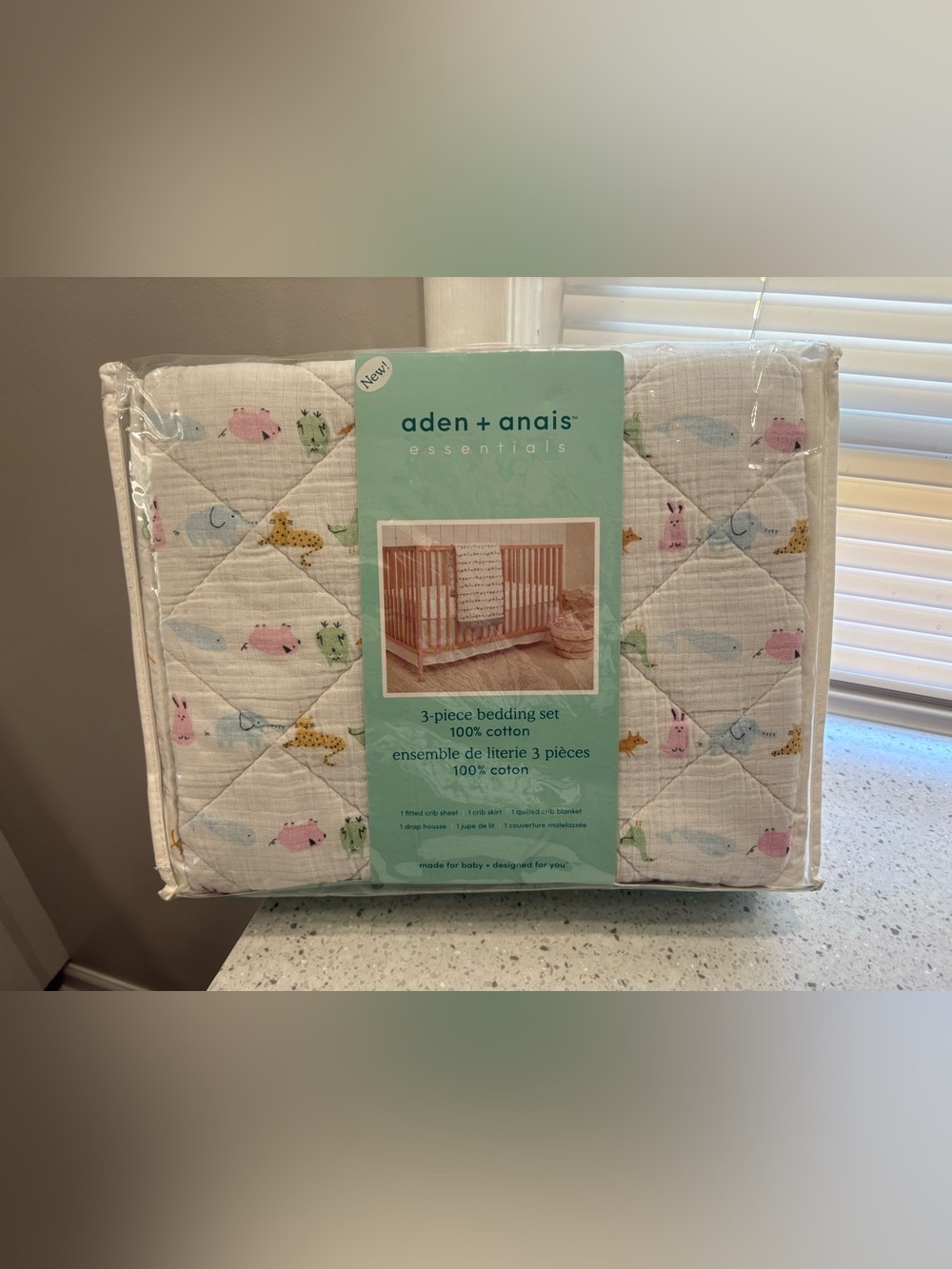 aden + anais Essentials Baby Bedding Set in White with Pastel Animal Print- NEW